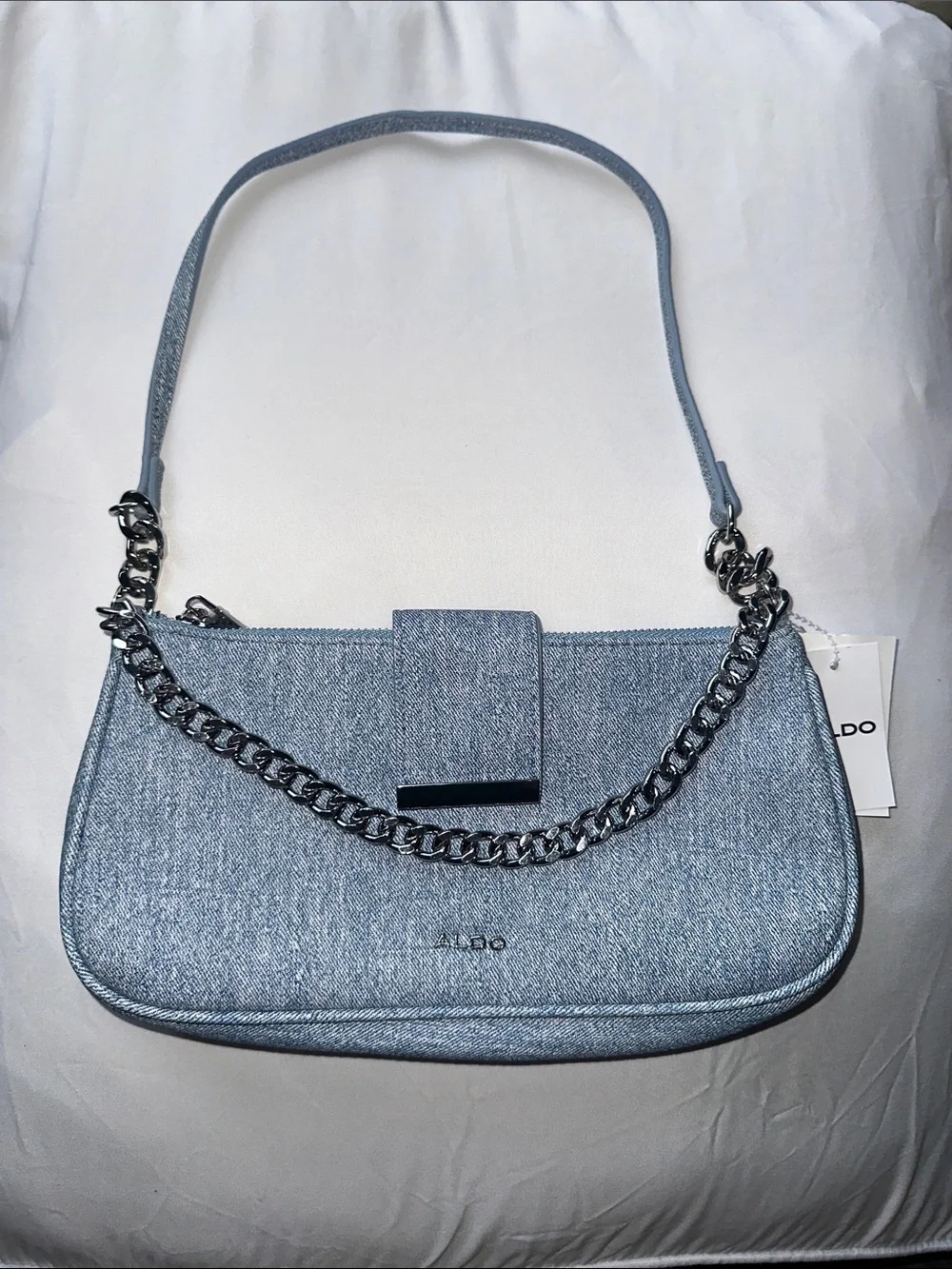 Aldo Light Blue Denim Shoulder Bag with Silver Chain